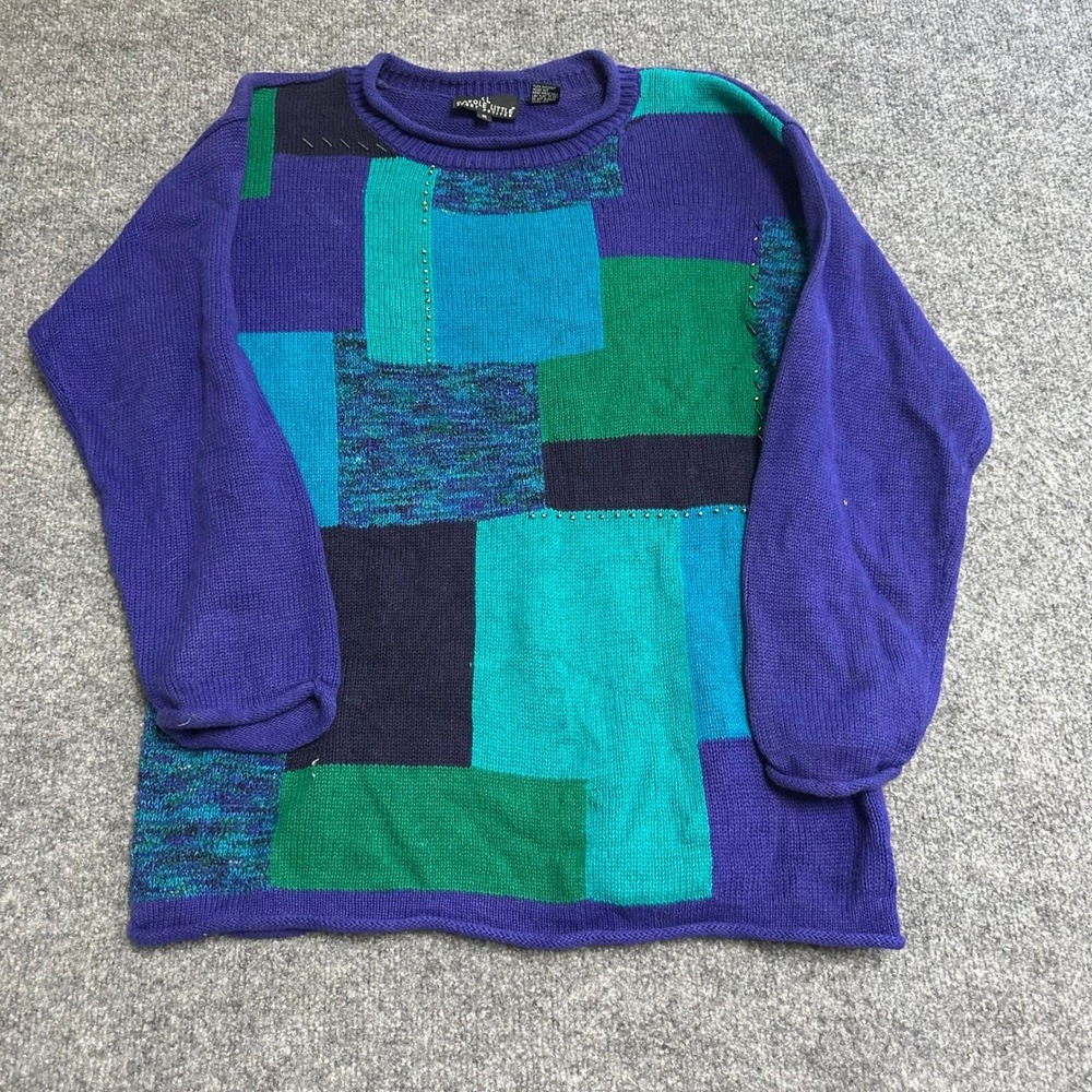 Carole Little Sweater Womens Size M Purple Colorblock Ramie Cotton Beaded VTG